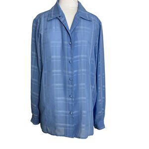 Vintage Liz Baker Womens Size 12 Blouse Blue Polyester Long Sleeve Button Front